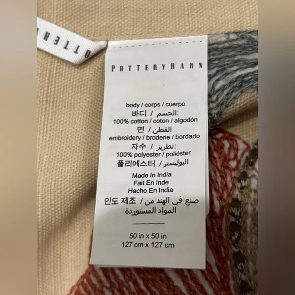 Pottery Barn Embroidered Table Throw 50X50